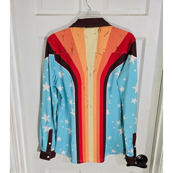 Ranch Dressn Western Style Long Sleeve Pearl Snap Shirt M Stars Stripes Retro - Picture 8 of 14